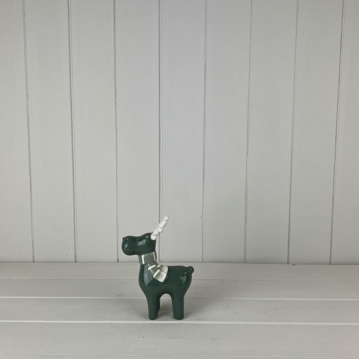 Dark Green and White Ceramic Reindeer Decoration - 14.9cm