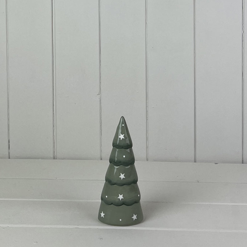 Light Green Ceramic Christmas Tree with White Stars Decoration - 14.8cm