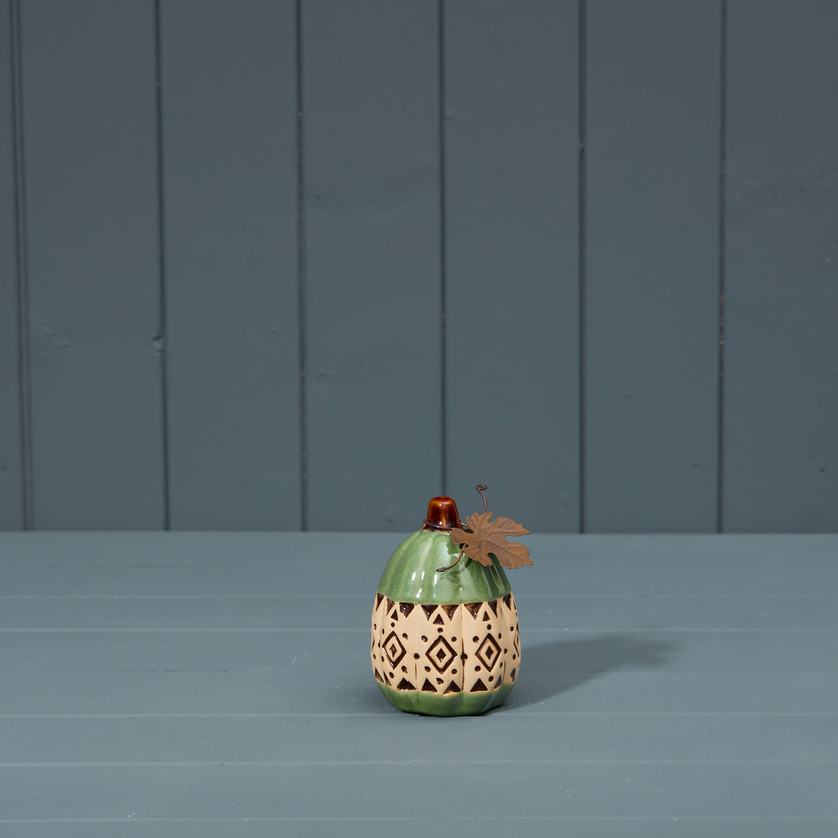 Green Patterned Ceramic Pumpkin Ornament - 10.5cm