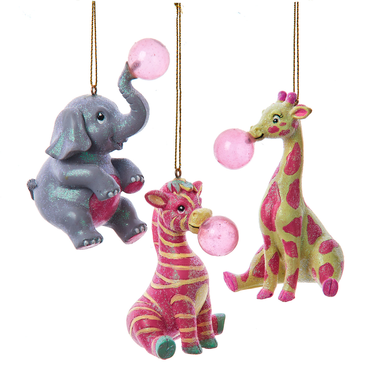 Pink Bubble Gum Blowing Elephant, Giraffe or Zebra Christmas Tree Bauble