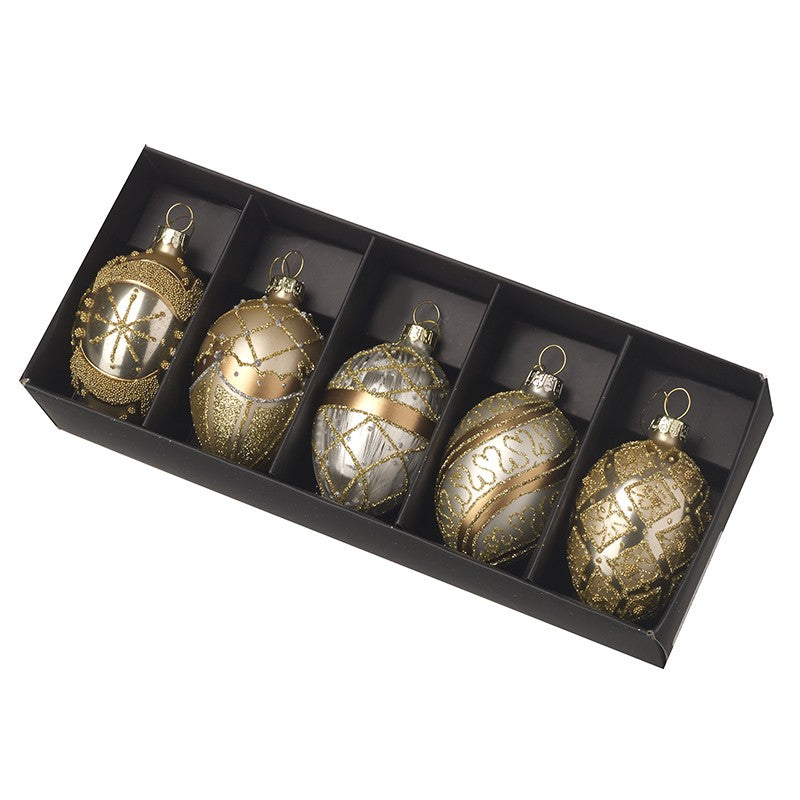 Set of 5 Gold Egg Glass Baubles - 7cm