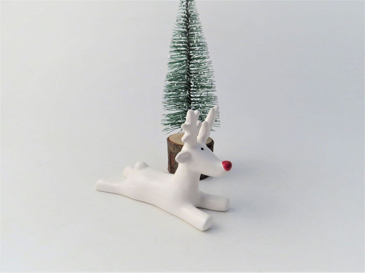 Small Ceramic Lying White Reindeer with Red Nose Christmas Ornament