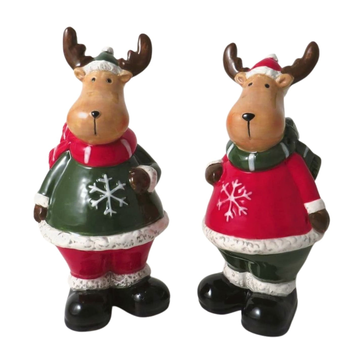 Red & Green Ceramic Christmas Reindeer Standing Ornament - 16cm