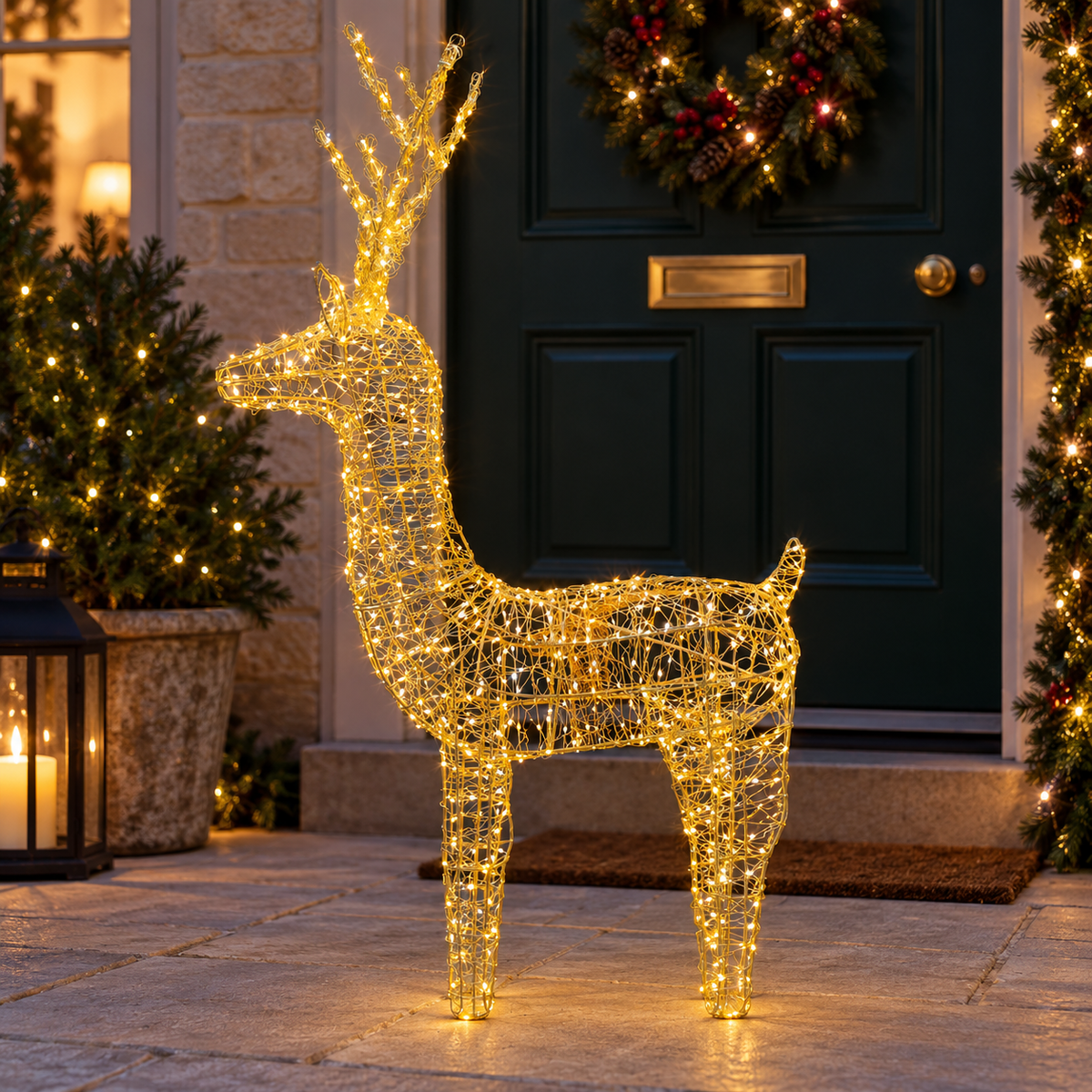 Lumineo 104cm Gold, Warm & Classic White Light Up Outdoor Gold Wire Reindeer Stag with 800 LEDs