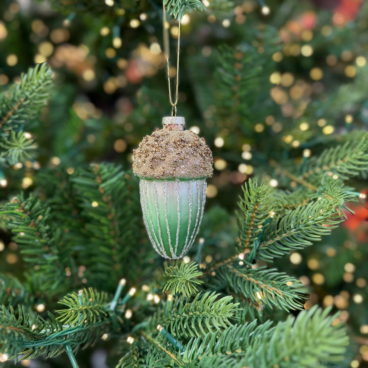 Gold Glitter Green Ombré Glass Acorn Bauble