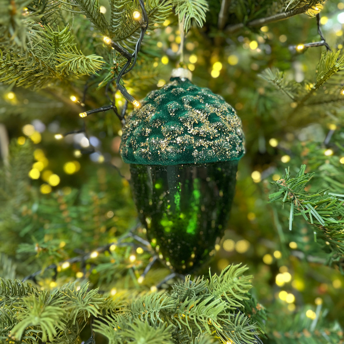 Large Glass Emerald Green Flock Pinecone Bauble