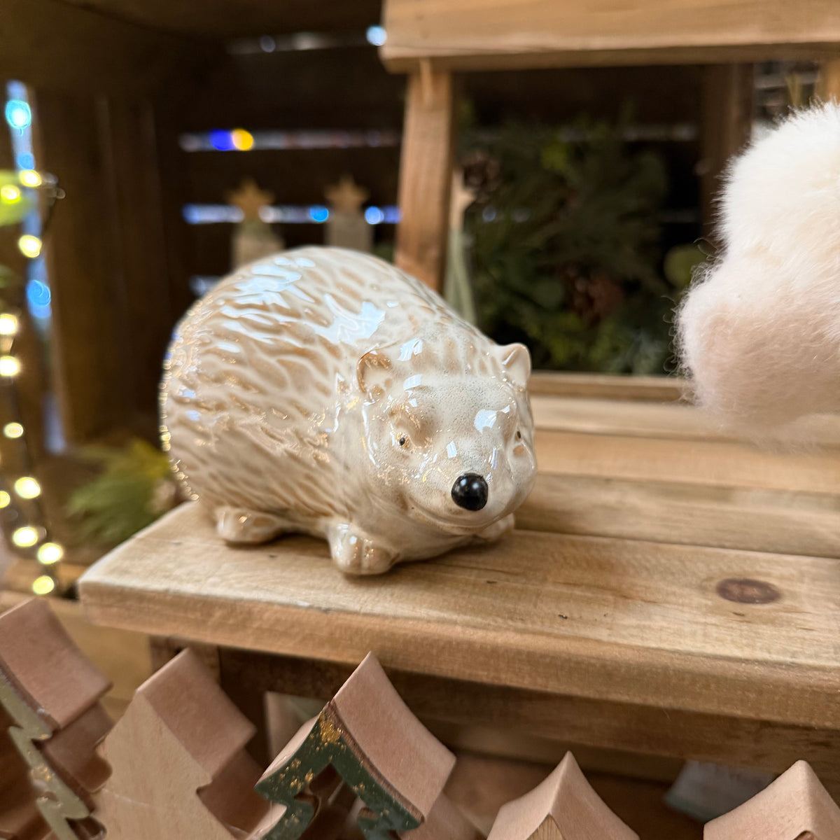 White Glazed Ceramic Tumble Hedgehog Ornament