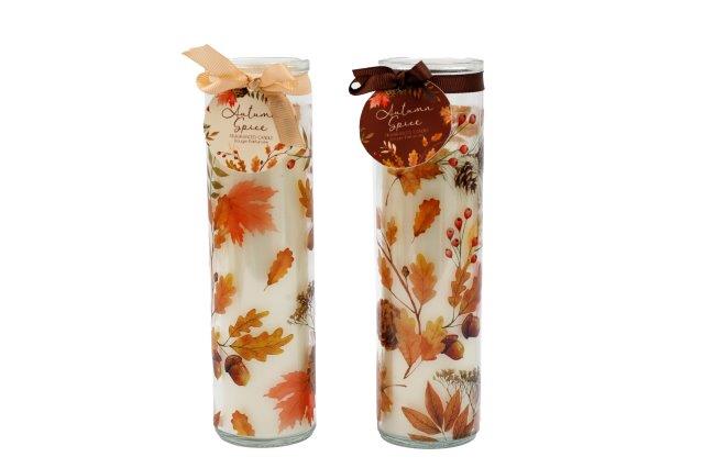 Printed Leaves Autumnal Glass Tube Candle