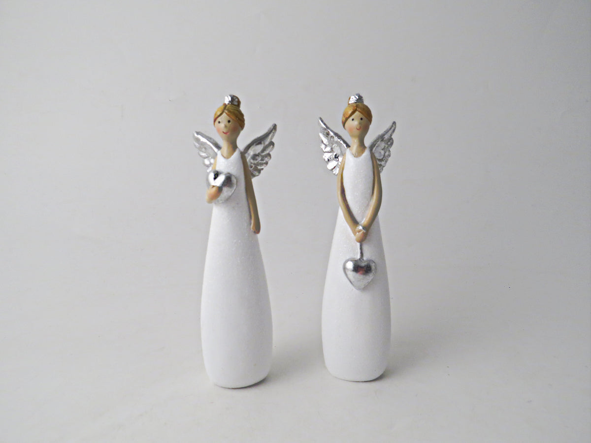 Ornate White & Silver Standing Angel Holding Heart - 14cm