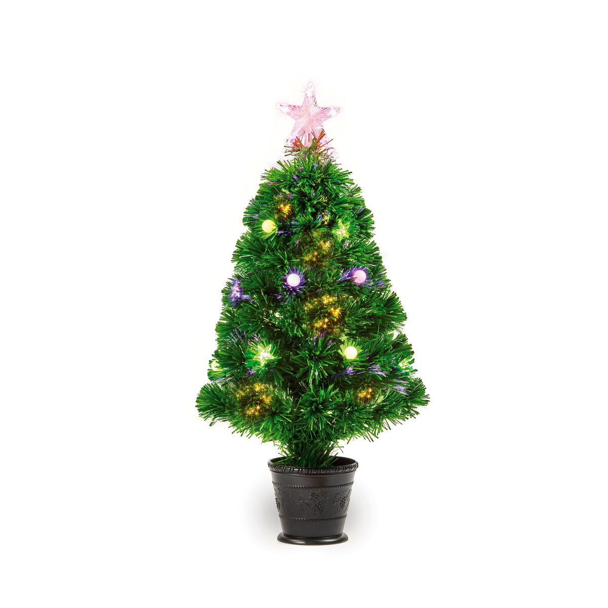 Fibre Optic Green Christmas Tree with Multi Coloured Colour Changing LEDs Star & Balls
