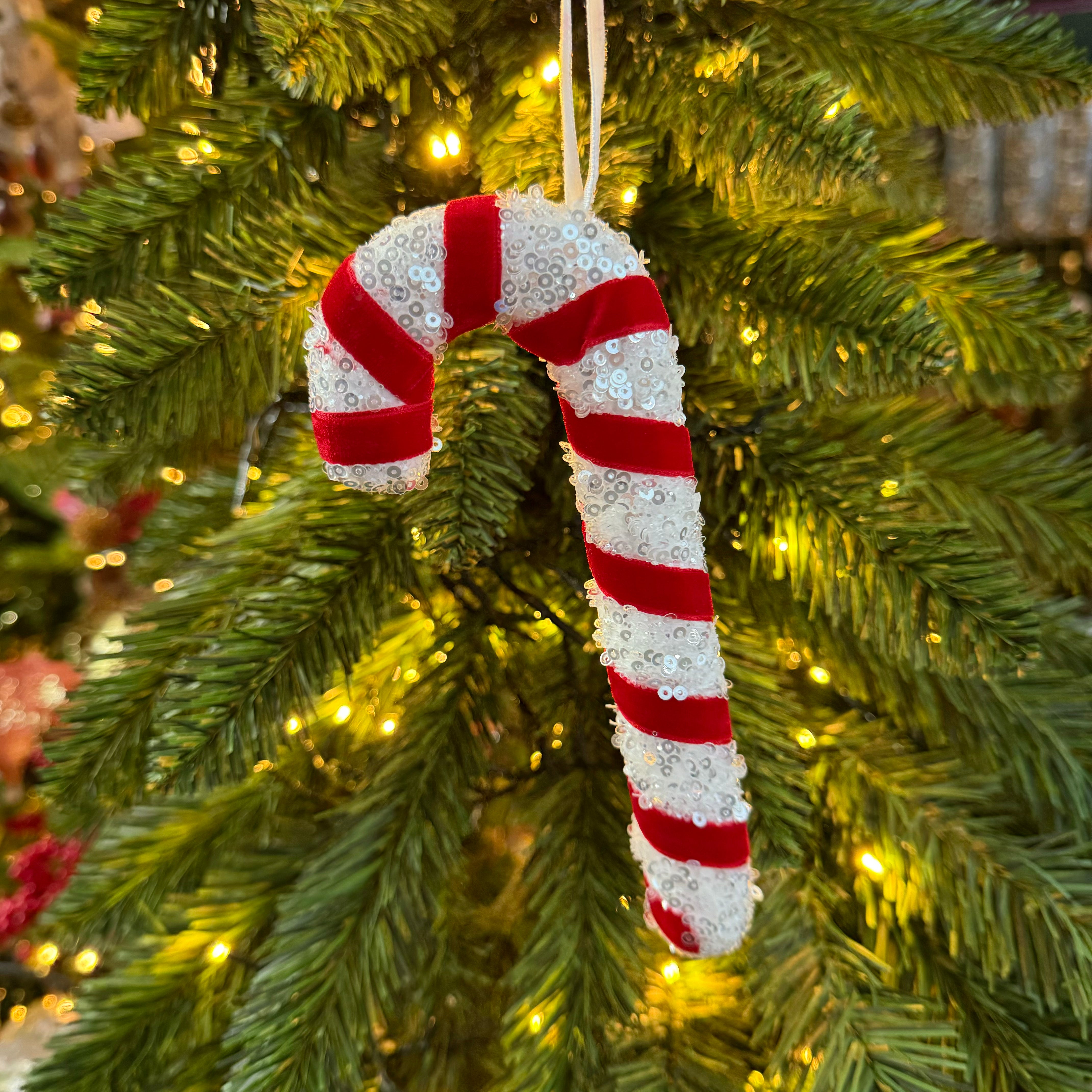 Red & White Sequin Candy Cane Hanging Decoration - 17cm