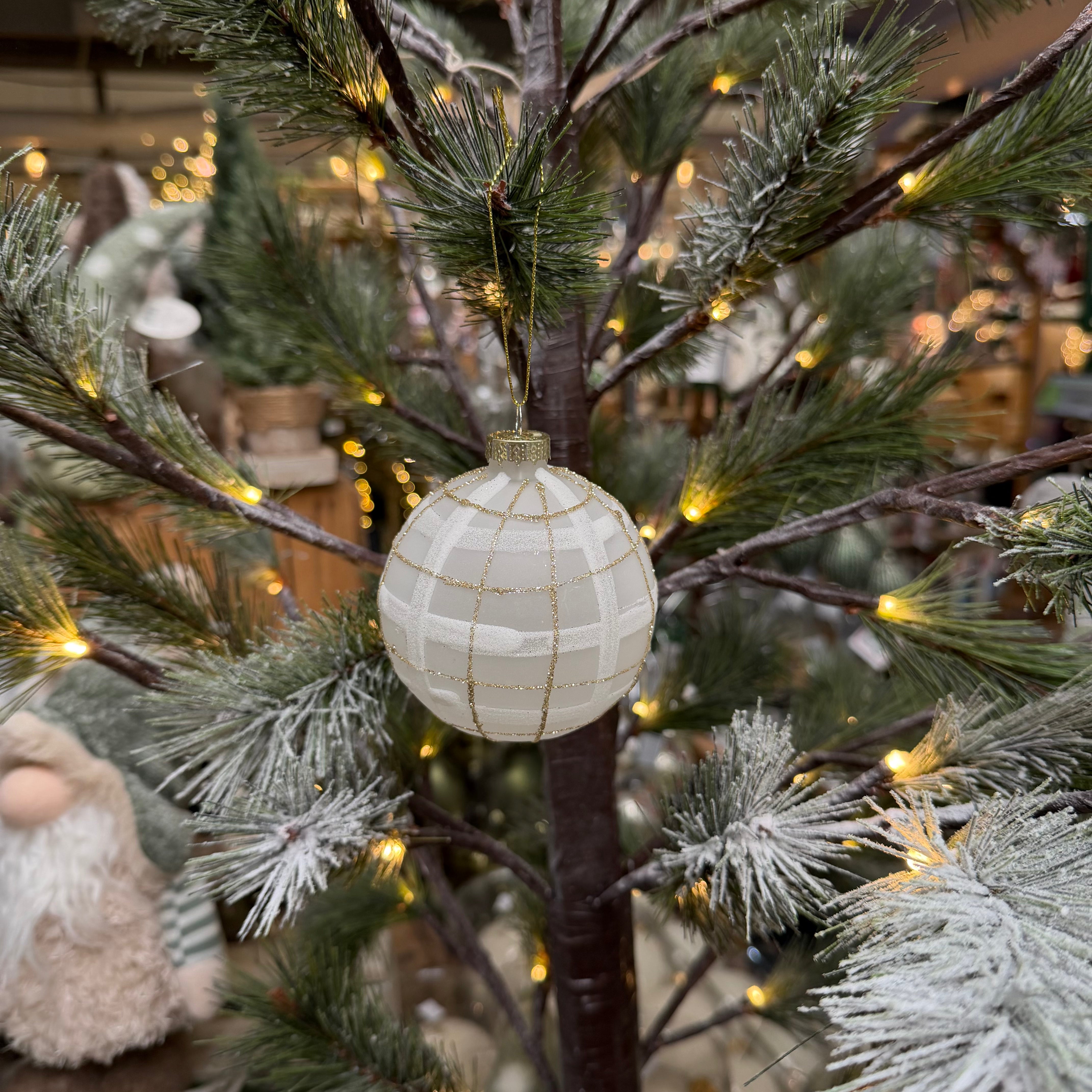 Frosted Gold Glitter Plaid Glass Bauble - 8cm