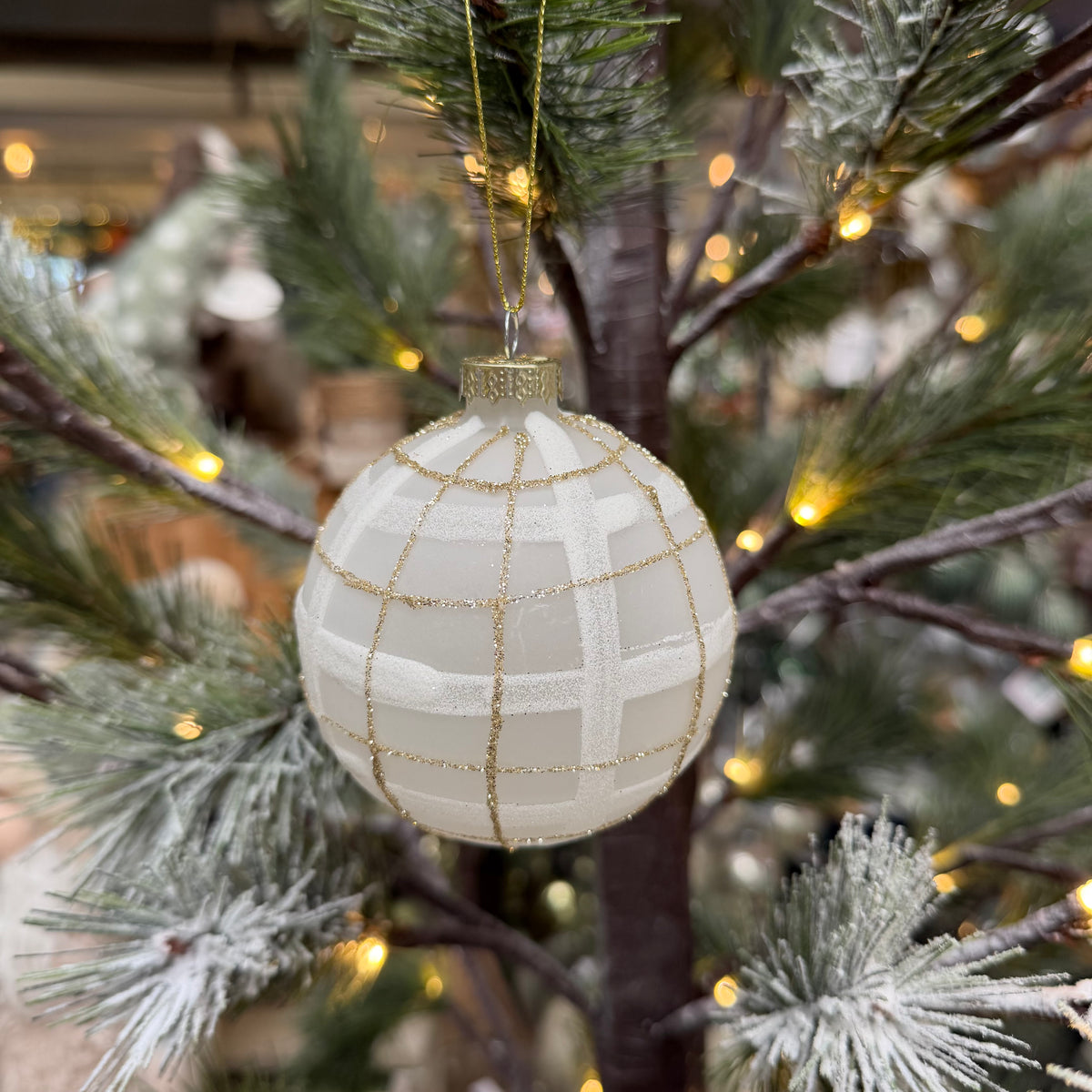 Frosted Gold Glitter Plaid Glass Bauble - 8cm