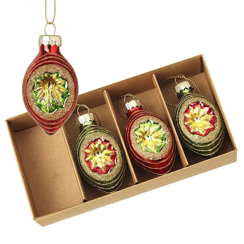 Set of 4 Ornate Green/Red Oval Baubles - 6cm