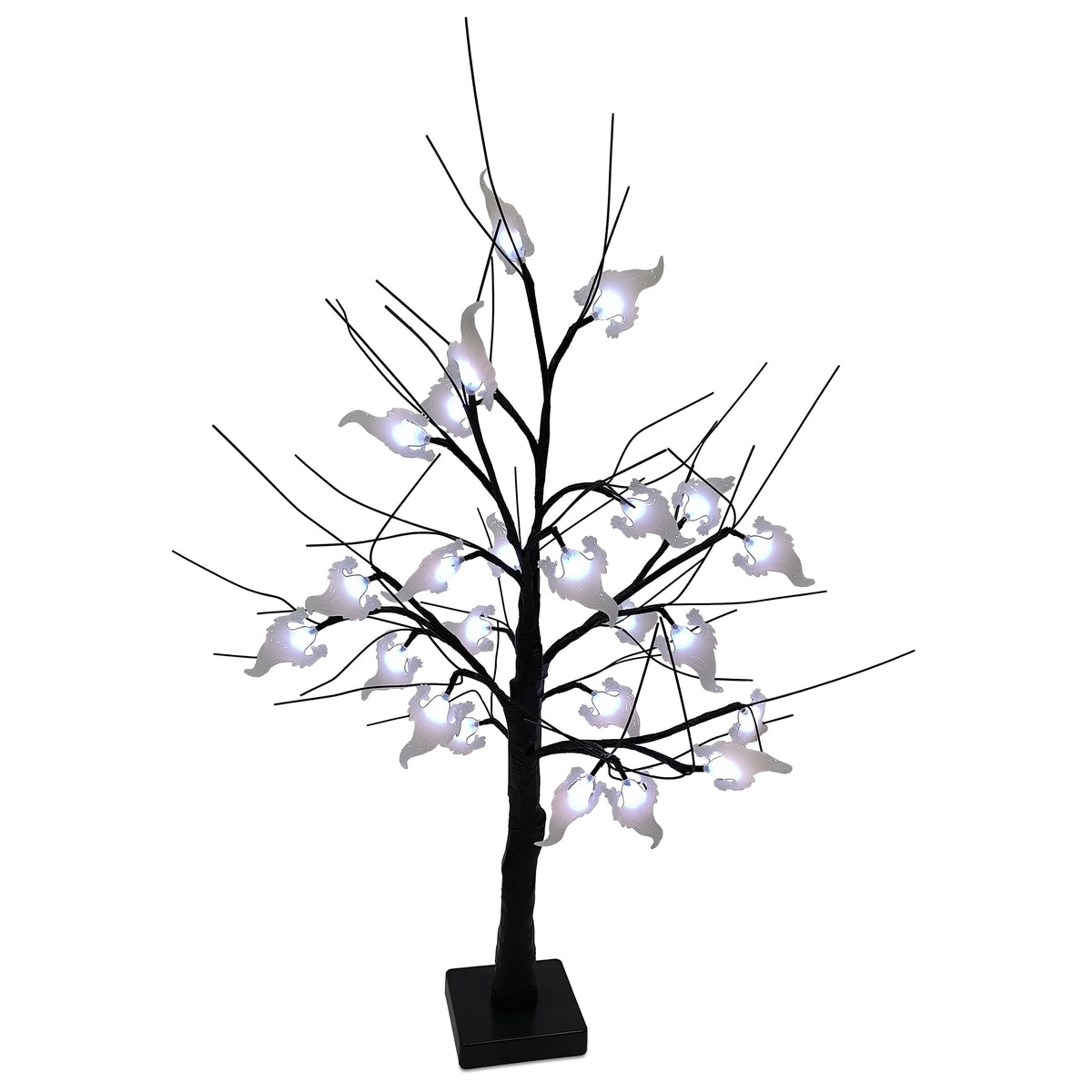 Halloween Lit Black Twig Tree with Ghosts and 24 Battery Operated White LEDs and Timer 60cm