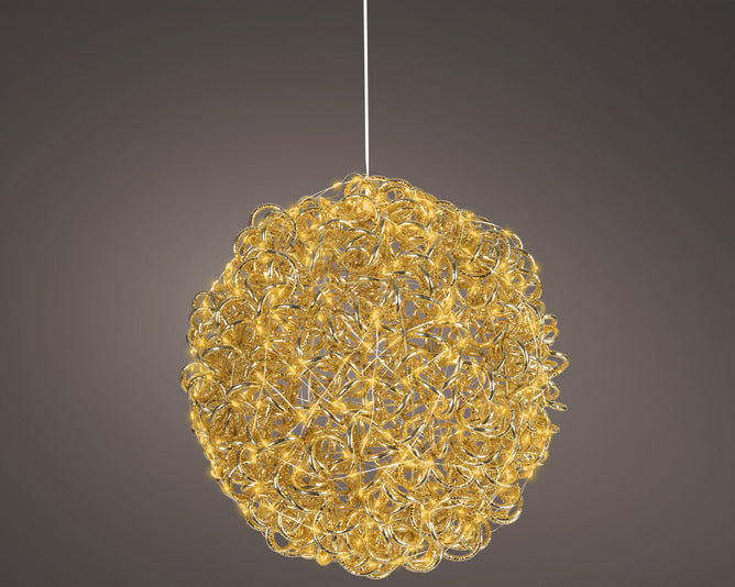 Lumineo 35cm Gold Coiled Hanging Ball Decoration with 400 LEDs Classic White Lights