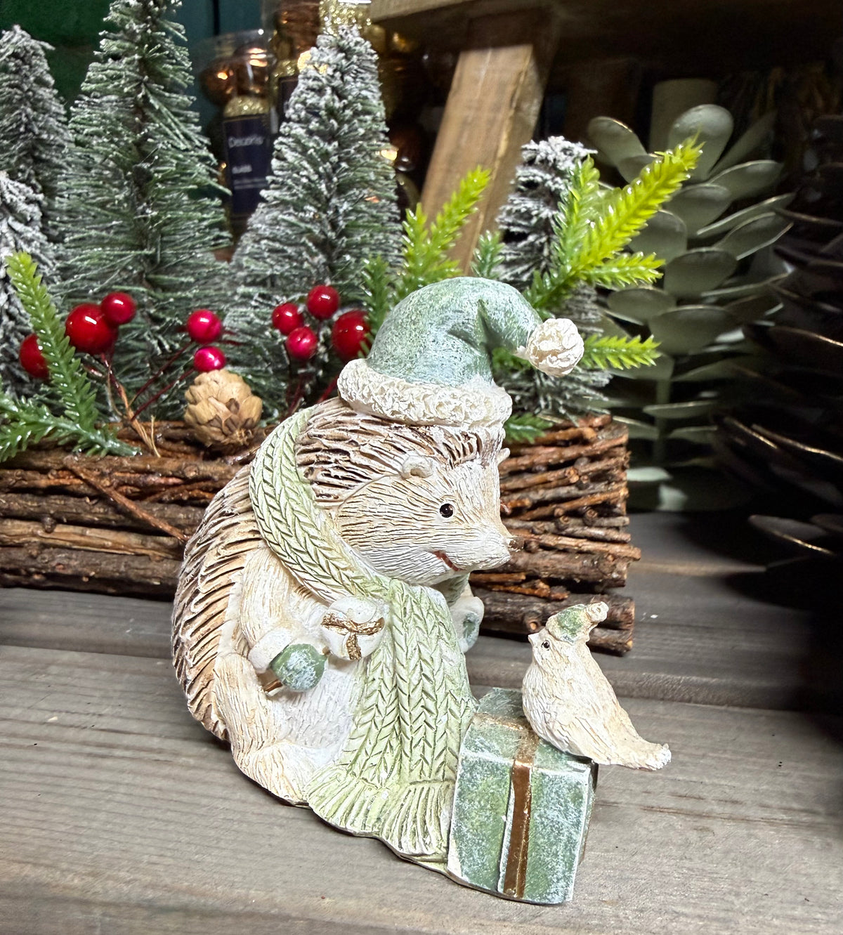 Sage Green Snowy Ceramic Hedgehog & Little Bird Christmas Ornament