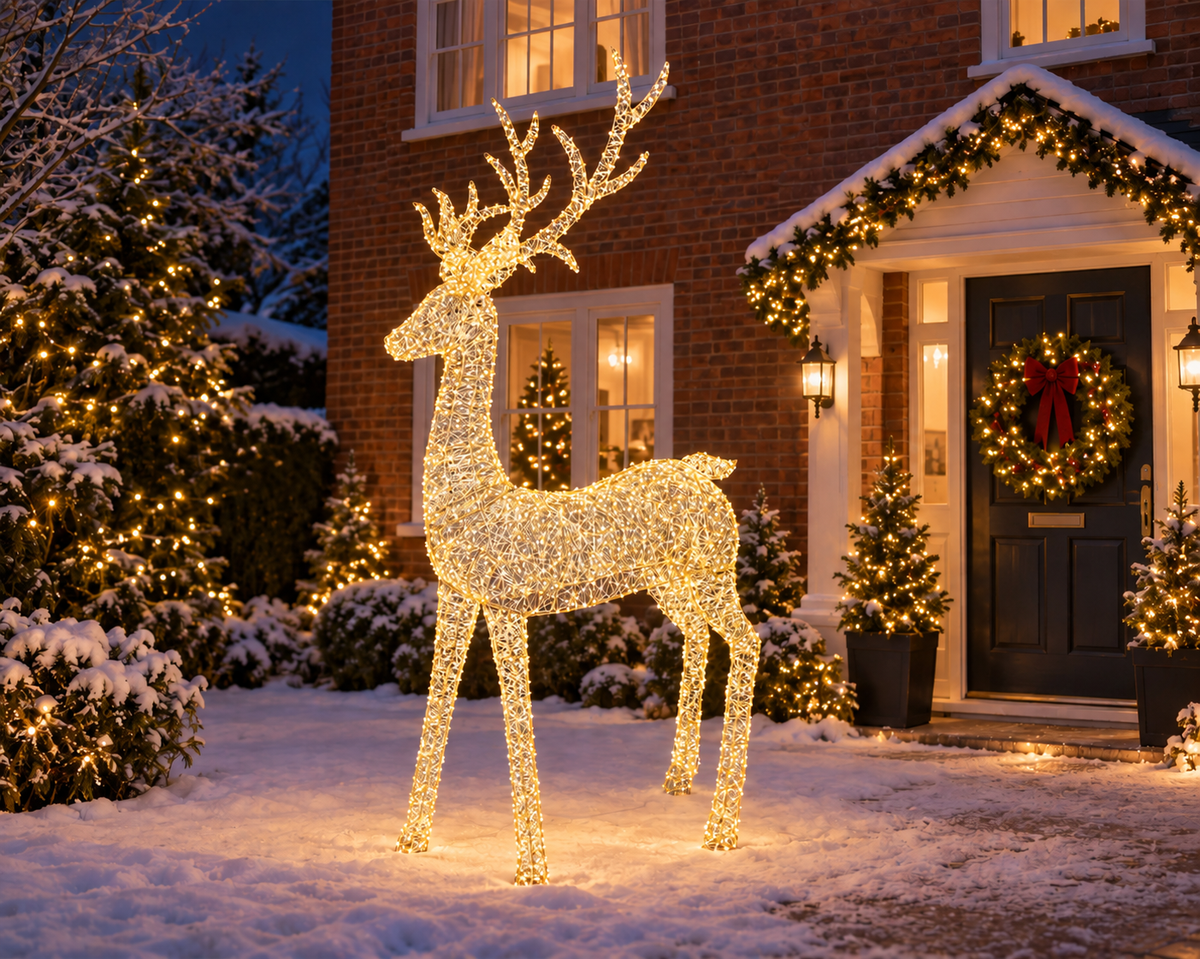 Lumineo Giant 270cm Gold, Warm & Classic White Light Up Outdoor Gold Wire Reindeer Stag with 4750 LEDs