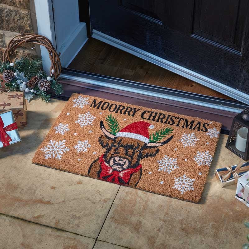 Moorry Christmas! Highland Cow Coir Doormat - 40x60cm
