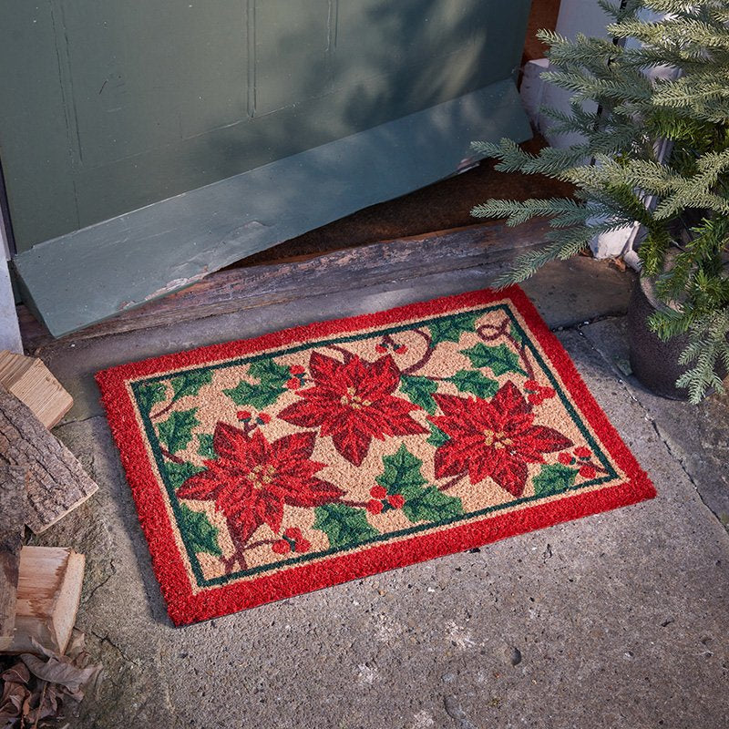 Red Poinsettias Christmas Coir Doormat - 40x60cm