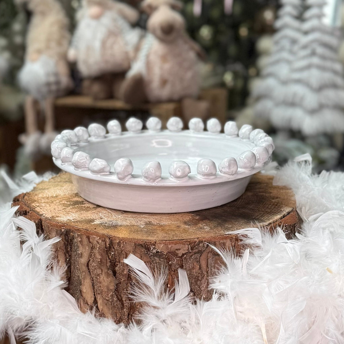 Large Distressed White Ceramic Bowl with Small Ball Edging - 28cm