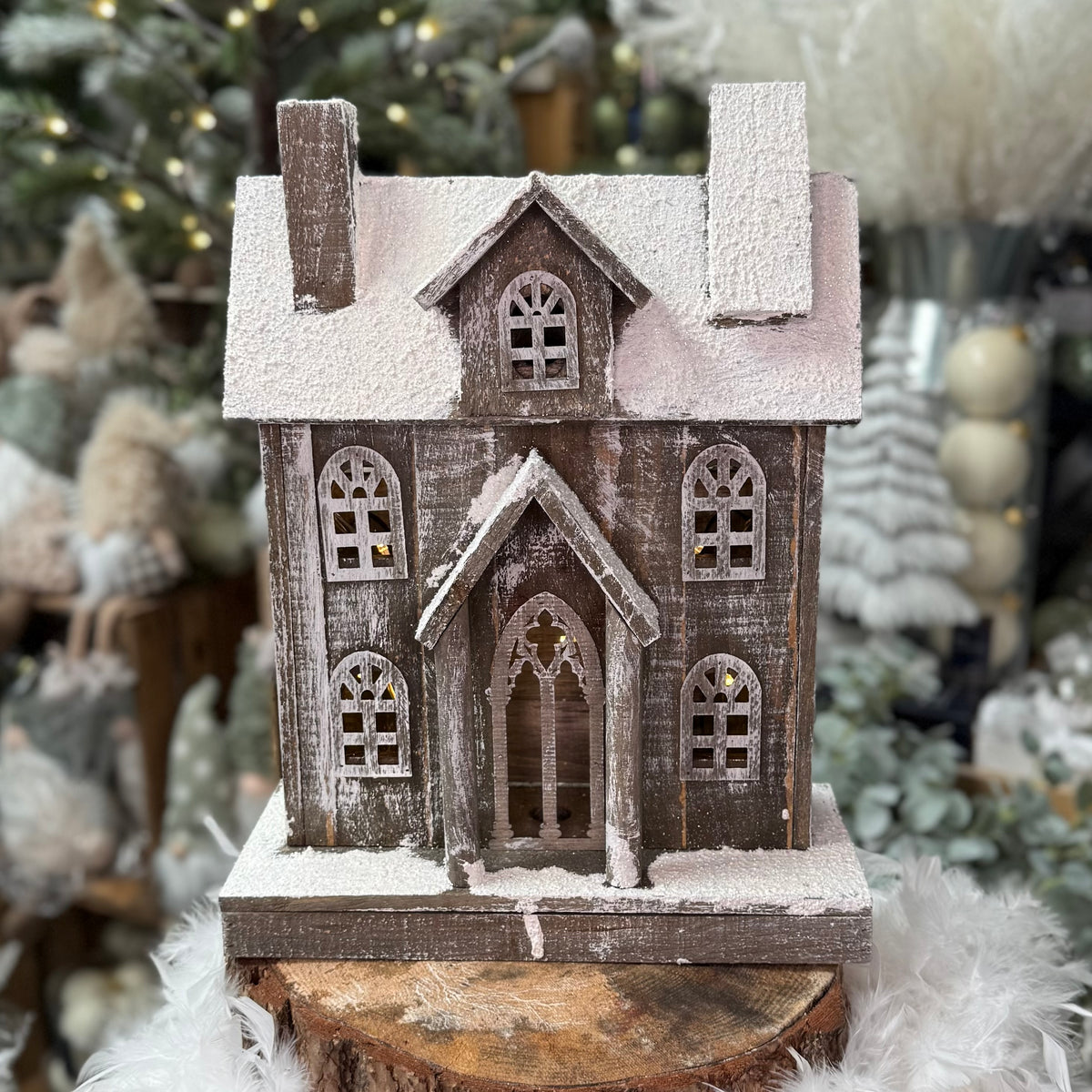 Frosted Wooden Light Up Cabin Ornament