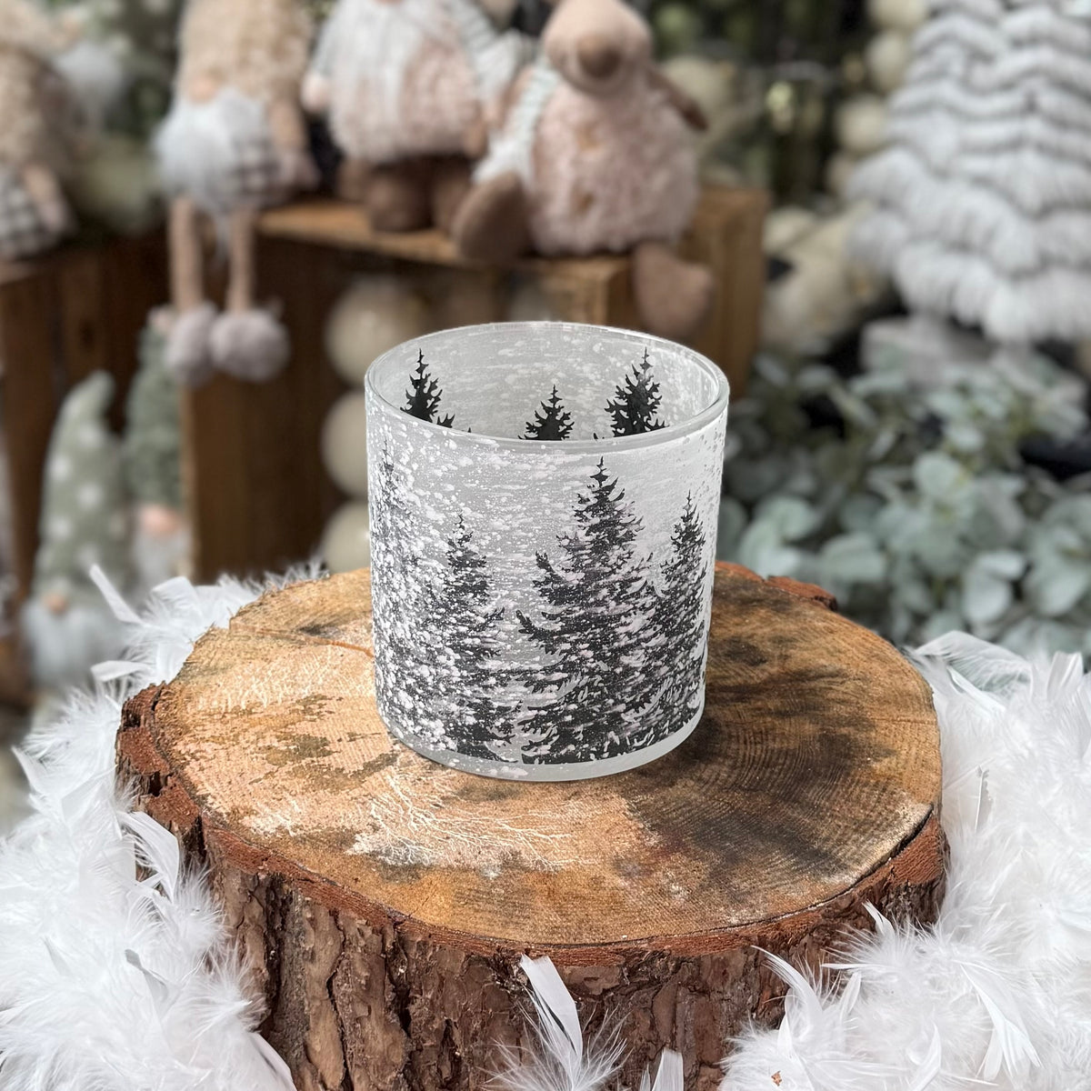 Large Winter Snowy Christmas Trees Design Candle Holder - 15cm