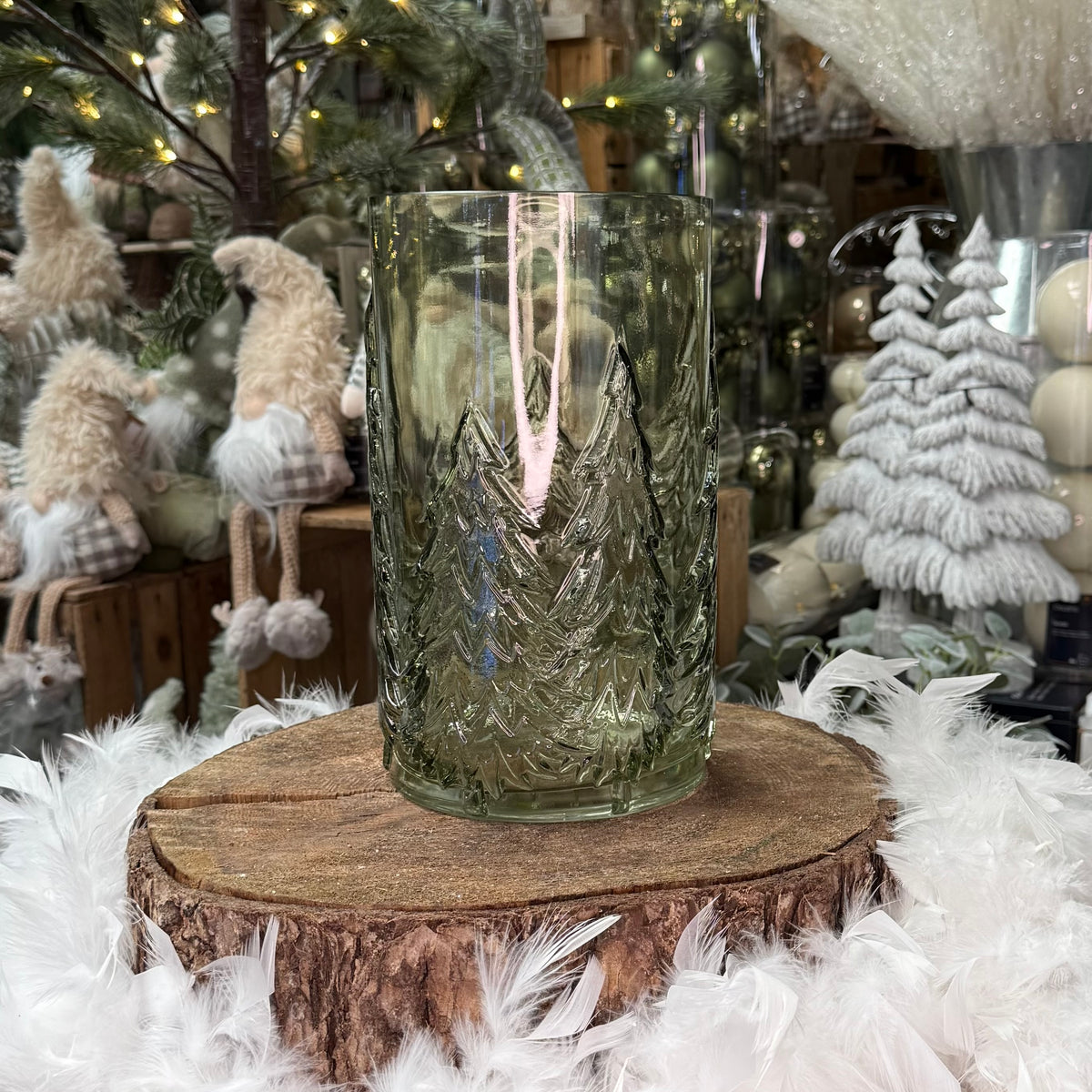 X-Large Glass Evergreen Pine Forest Tree Green Candle Holder