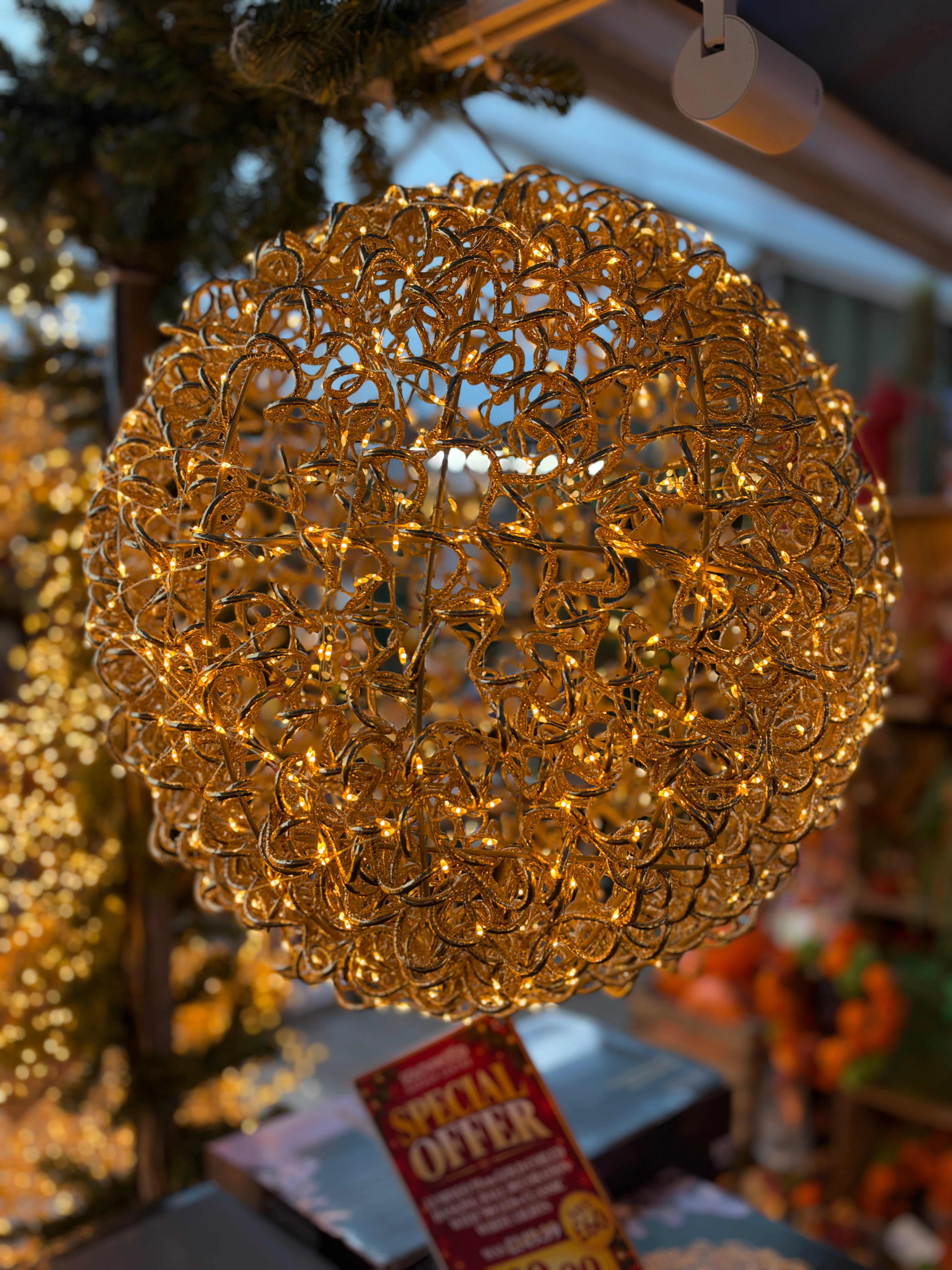 Lumineo 55cm Gold Coiled Hanging Ball Decoration with 700 LEDs Classic White Lights