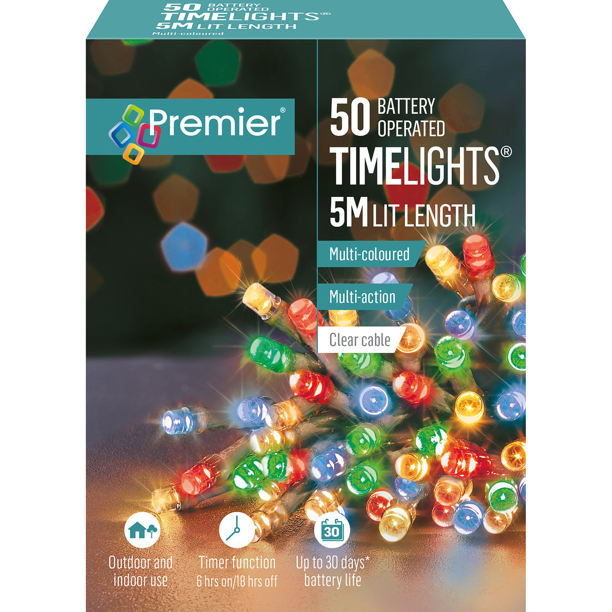 Battery Operated Multi Action Multi Coloured LED Timelights Clear Cable