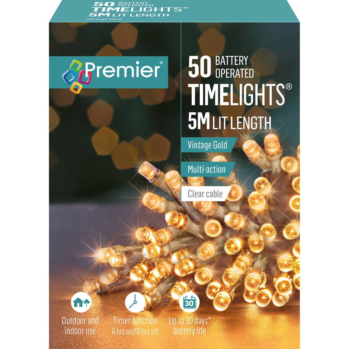 Battery Operated Multi Action Vintage Gold LED String Time Lights Clear Cable