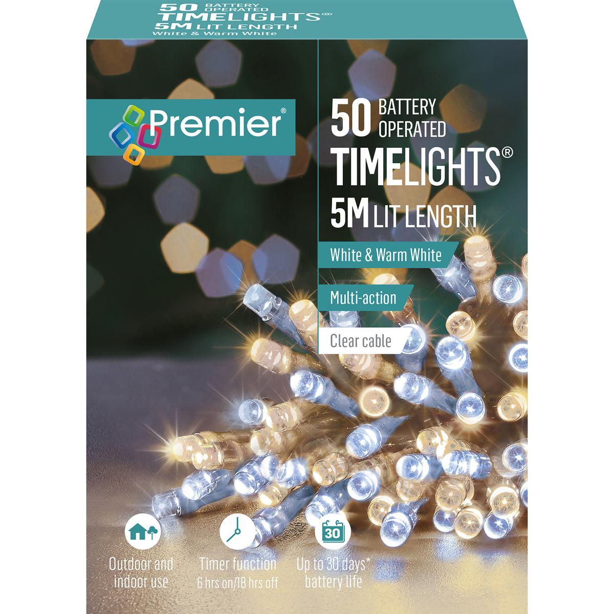 Battery Operated Multi Action White & Warm White Mix Coloured LED Timelights Clear Cable