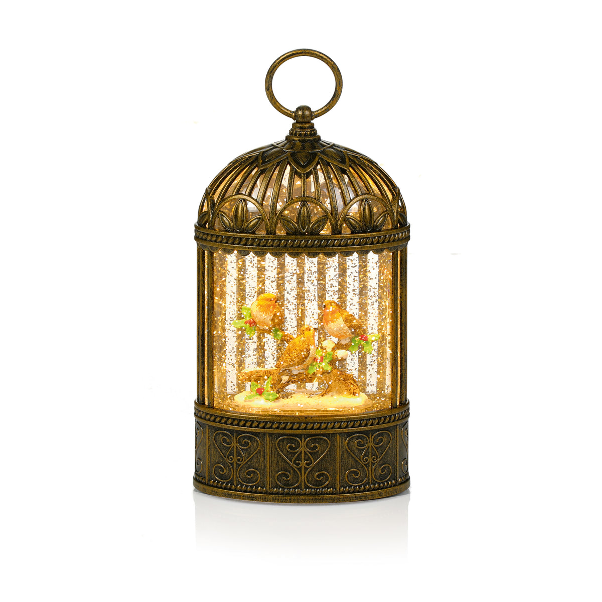 Robin Scene LED Glitter Water Spinner Lantern - 24cm