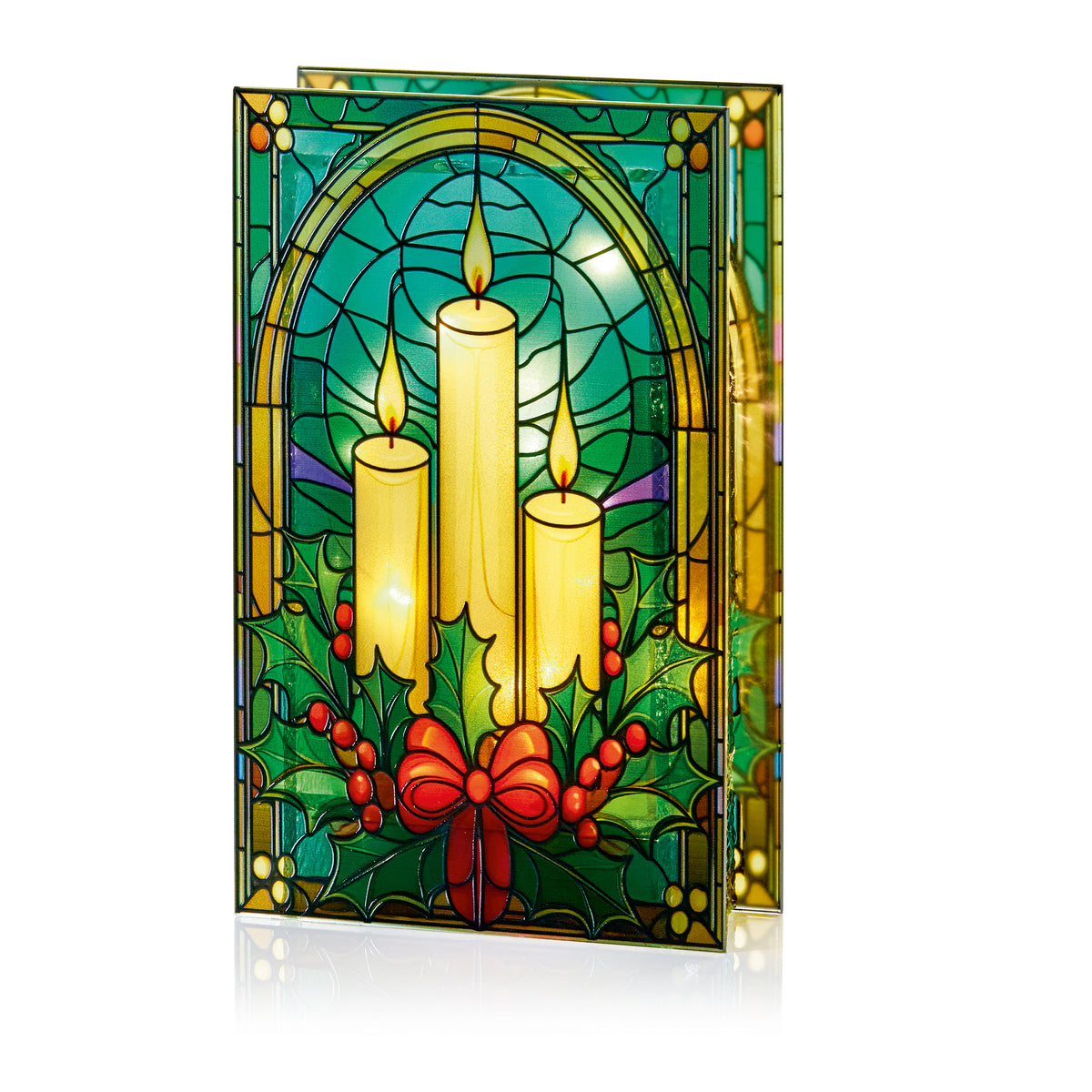 Lit Candles and Holly Stained Glass - 21cm