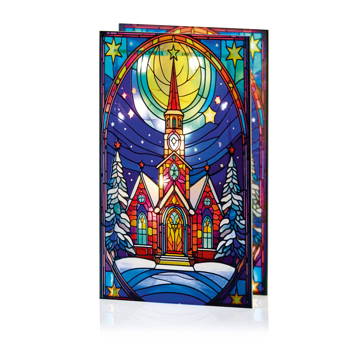 Lit Church with Star Stained Glass - 21cm