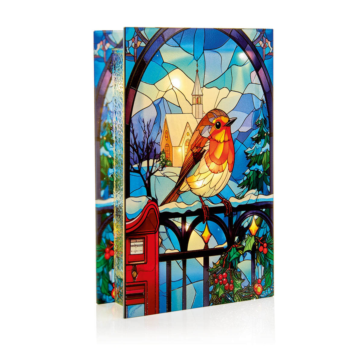 Lit Robin on Gate Stained Glass - 21cm