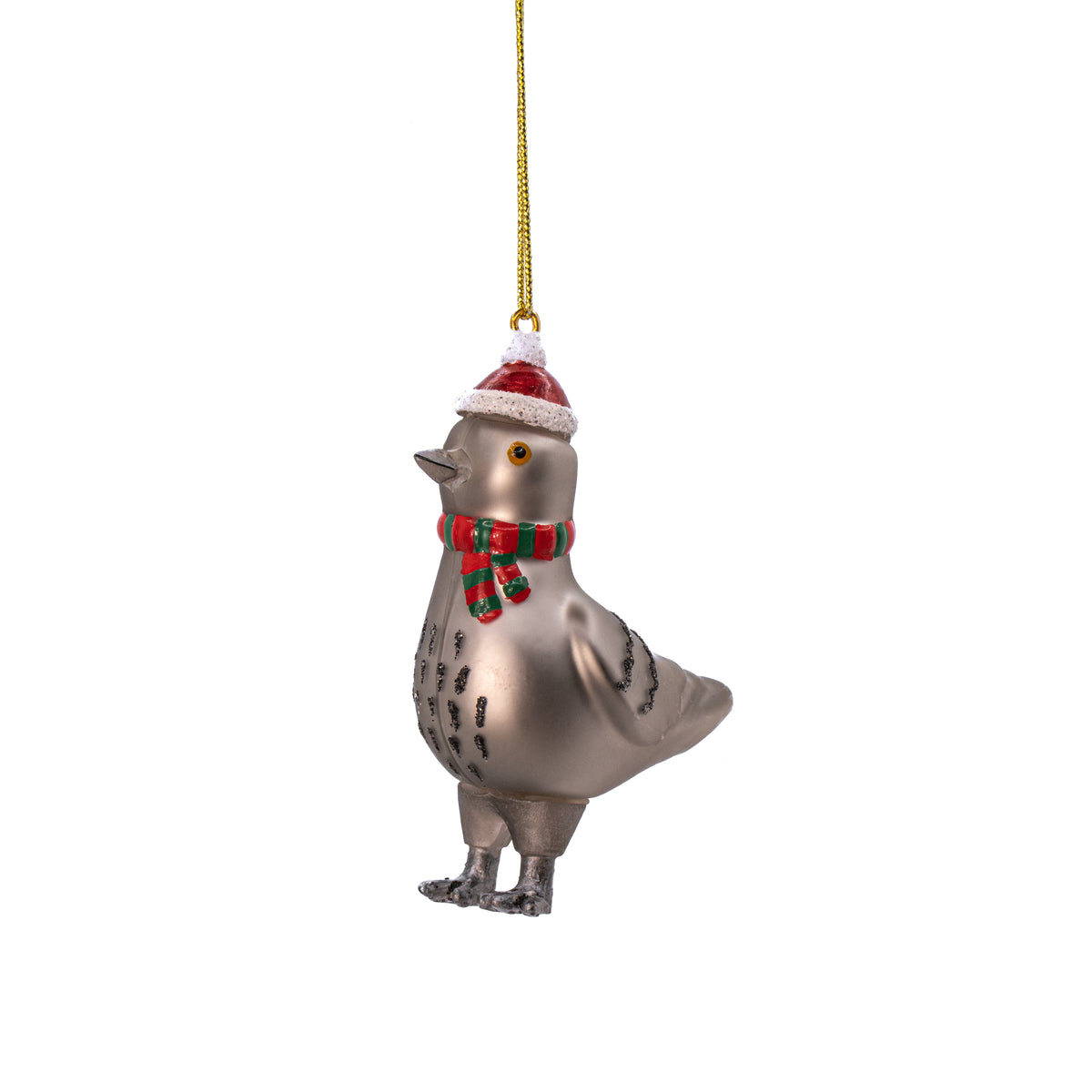 Glass Pigeon with Santa Hat Bauble