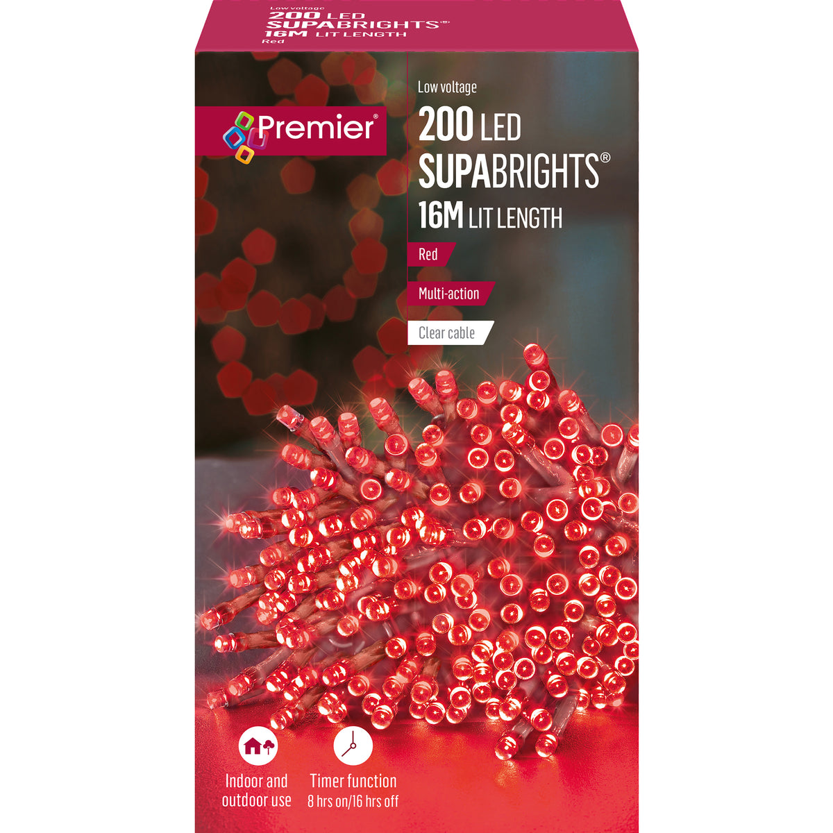 Premier - 200 Red LED Multi Action SupaBrights with Clear Cable and Timer