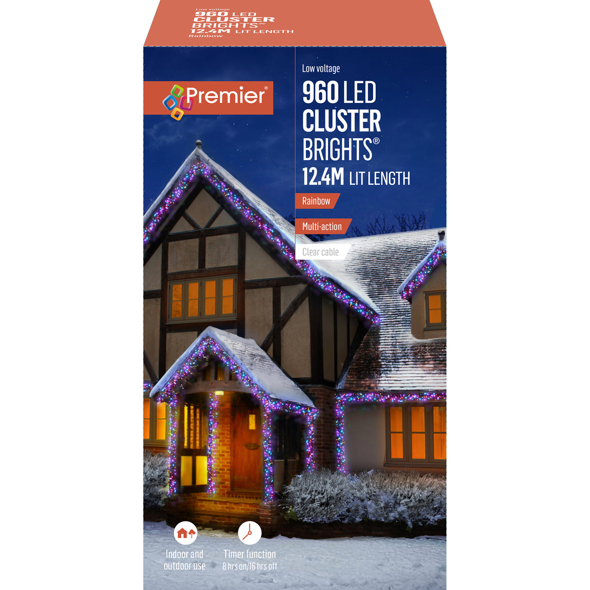 Premier Rainbow - Purple, Pink, Turquoise & Orange LED Multi Action Christmas Cluster Lights Cluster Brights Clear Cable