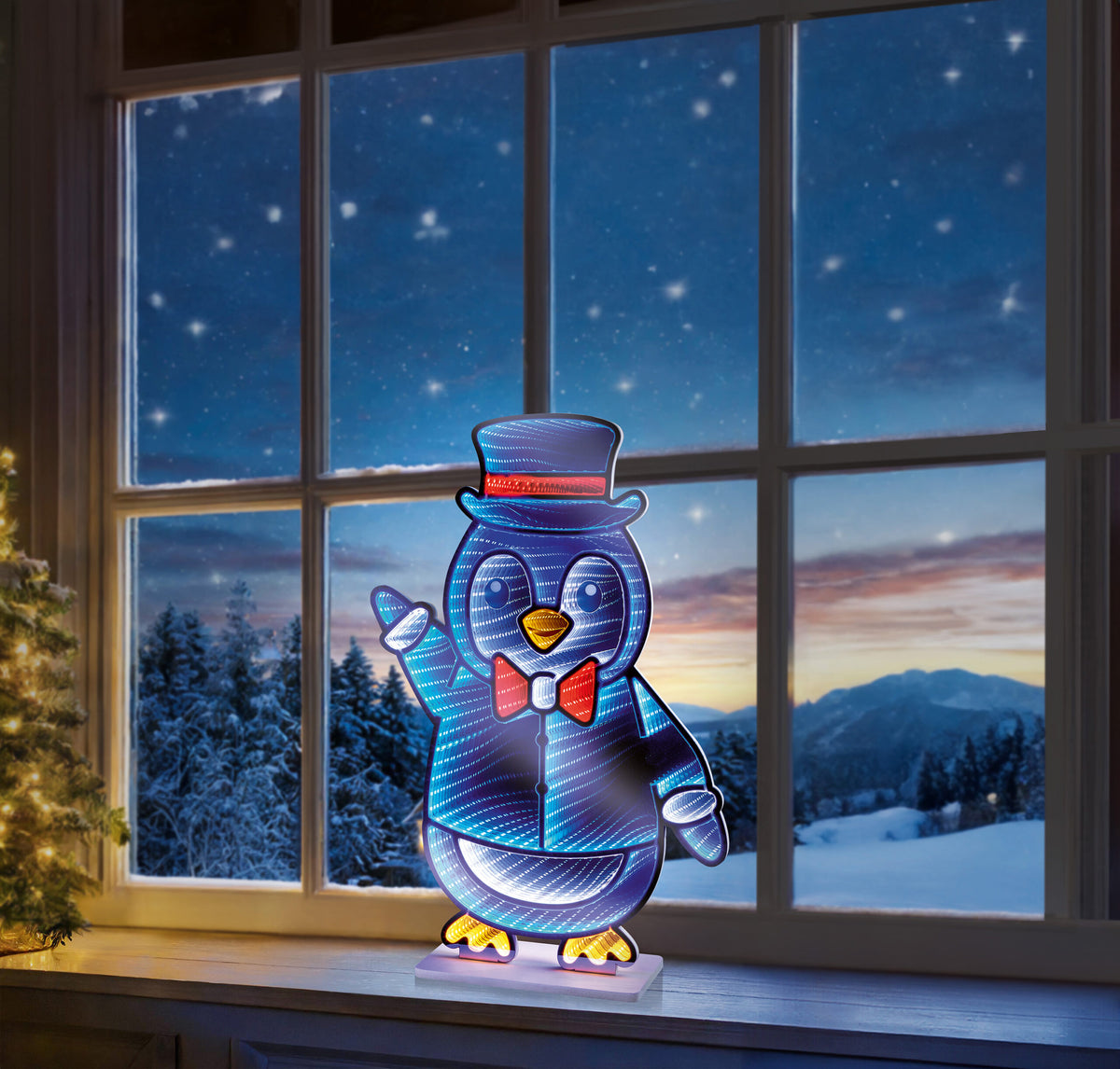 Premier Penguin with Bow Tie and Top Hat Infinity Mirror - 60cm