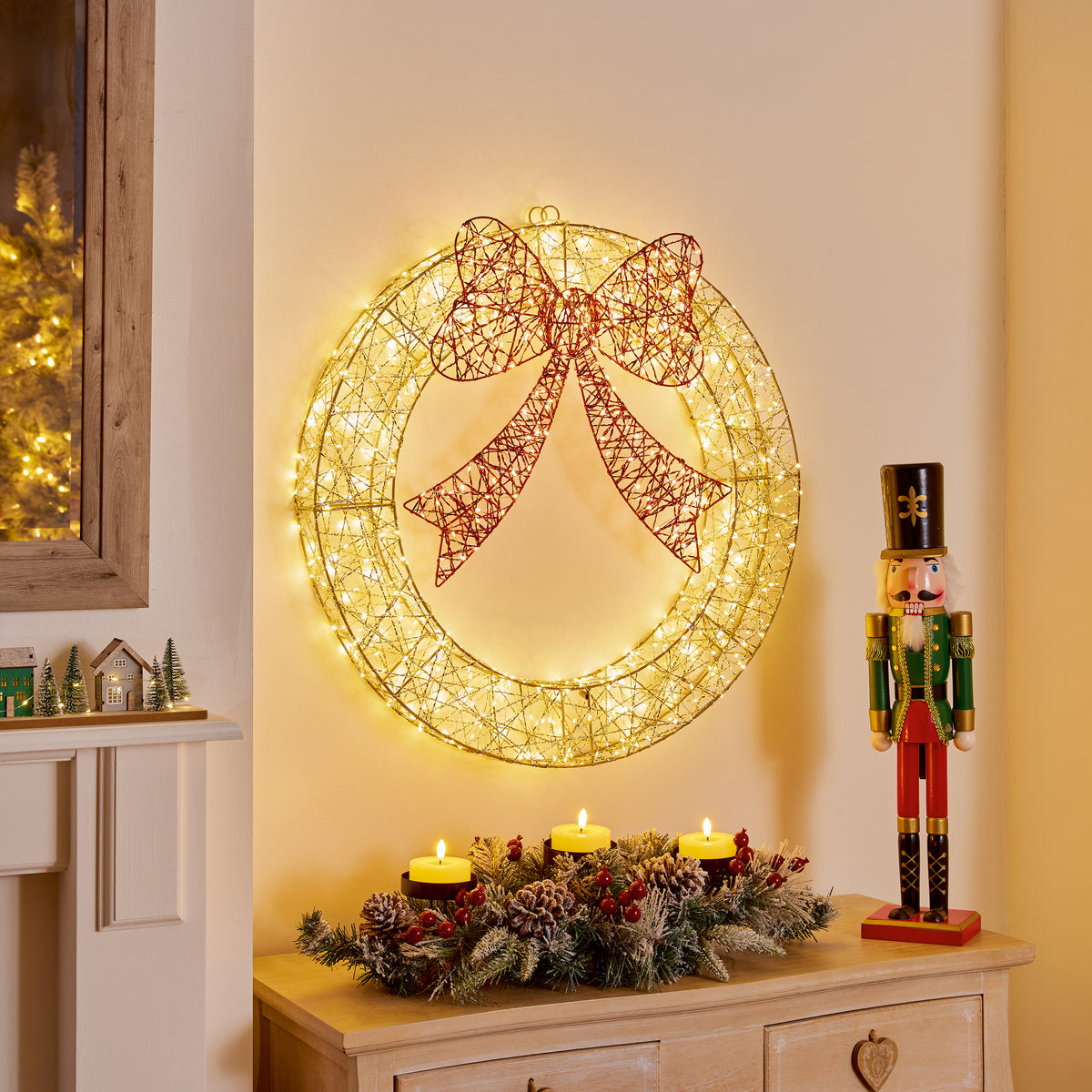 Premier Lit Elegance Twist Wreath with Red Bow - 70cm
