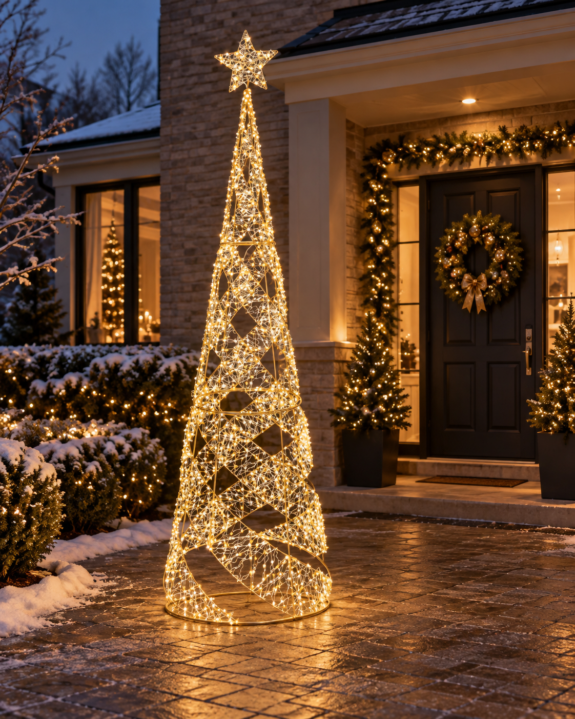 Lumineo Giant 234cm Gold, Warm & Classic White Light Up Outdoor Gold Wire Swirl Christmas Tree with 1800 LEDs