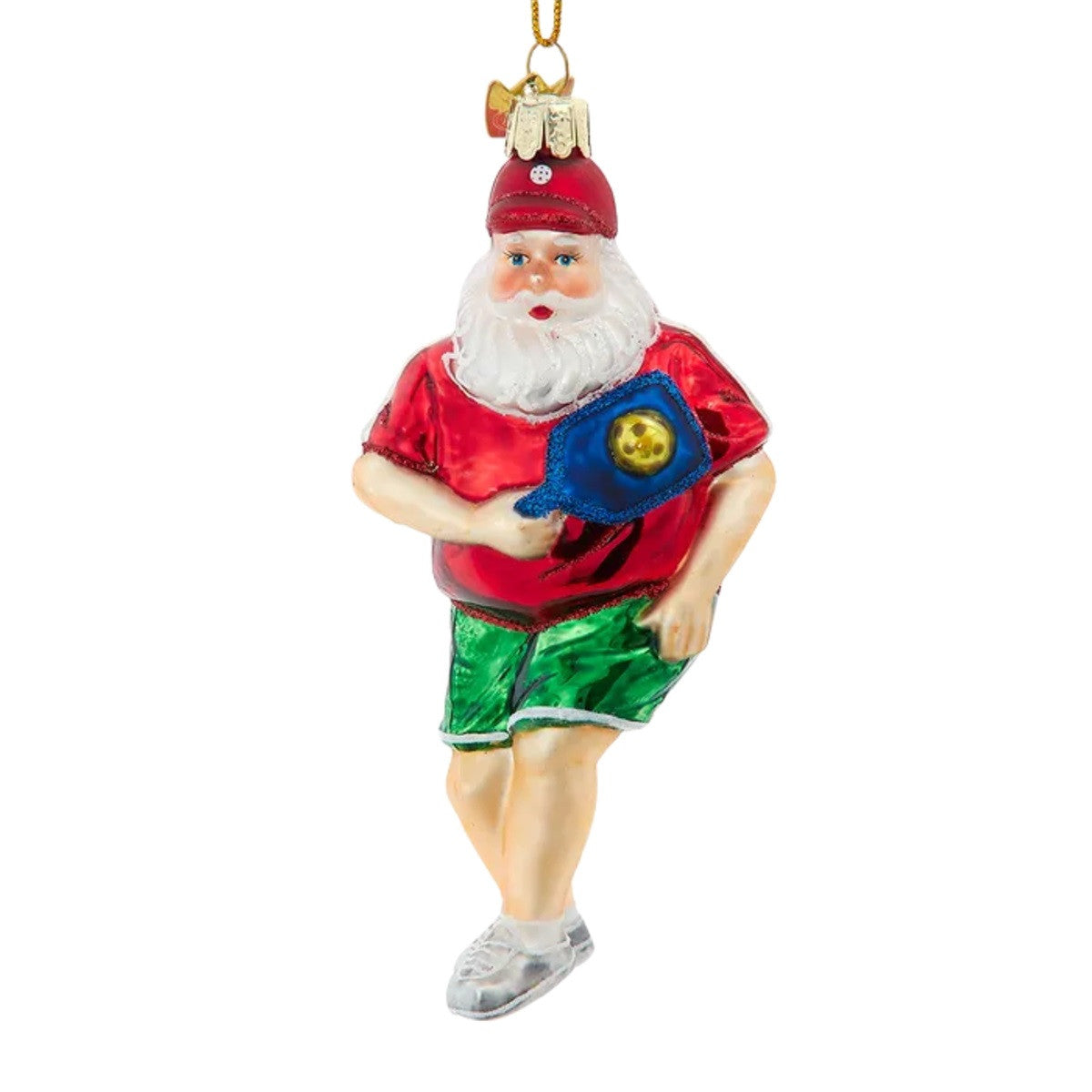Noble Gems Glass Pickleball / Padel Tennis Playing Santa with Racquet Christmas Bauble