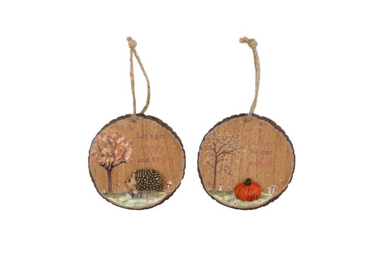 Autumnal Wooden Round Hanging Plaque Ornament 10cm Hedgehog or Pumpkin
