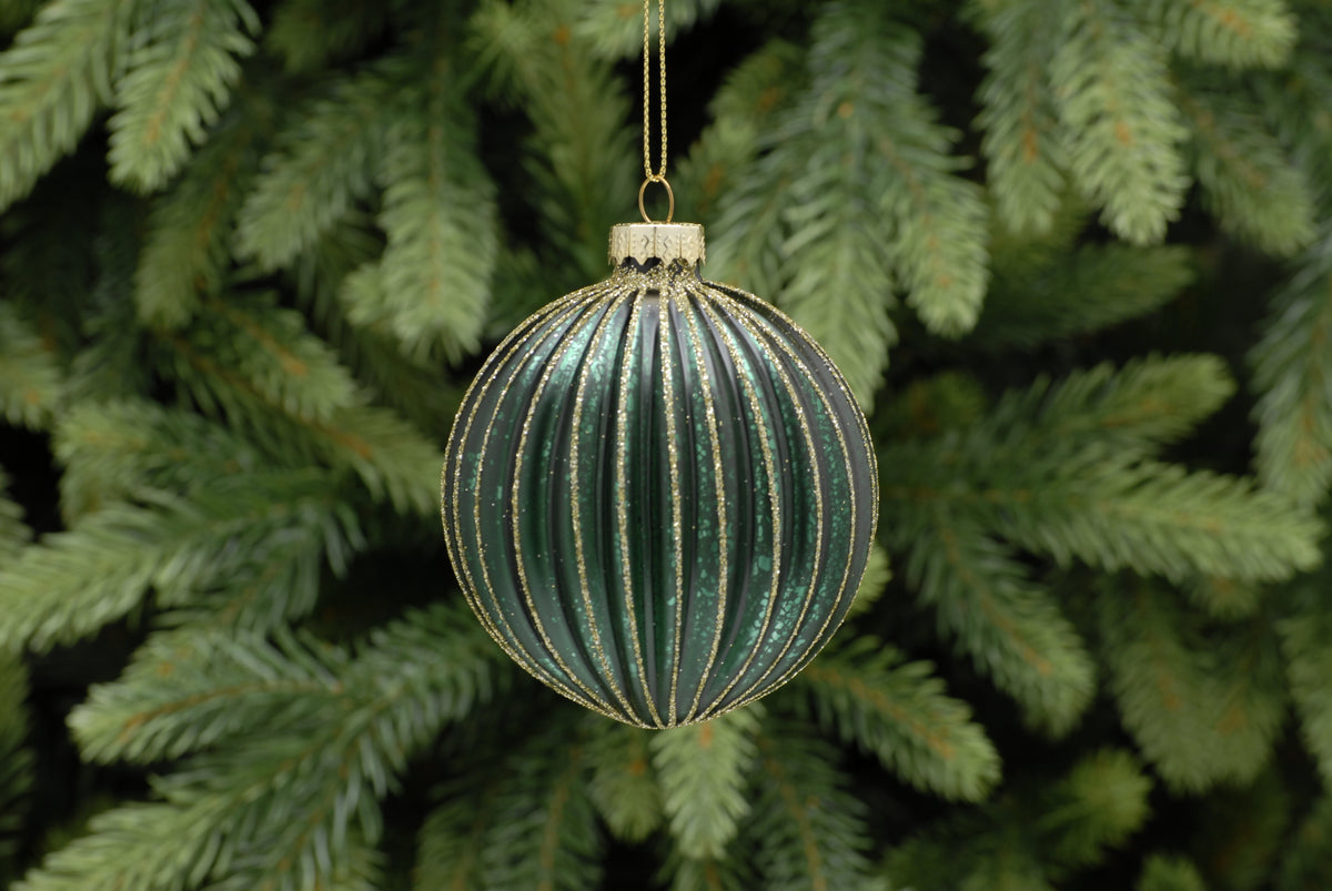 Green with Gold Glitter Ridged Glass Bauble - 8cm