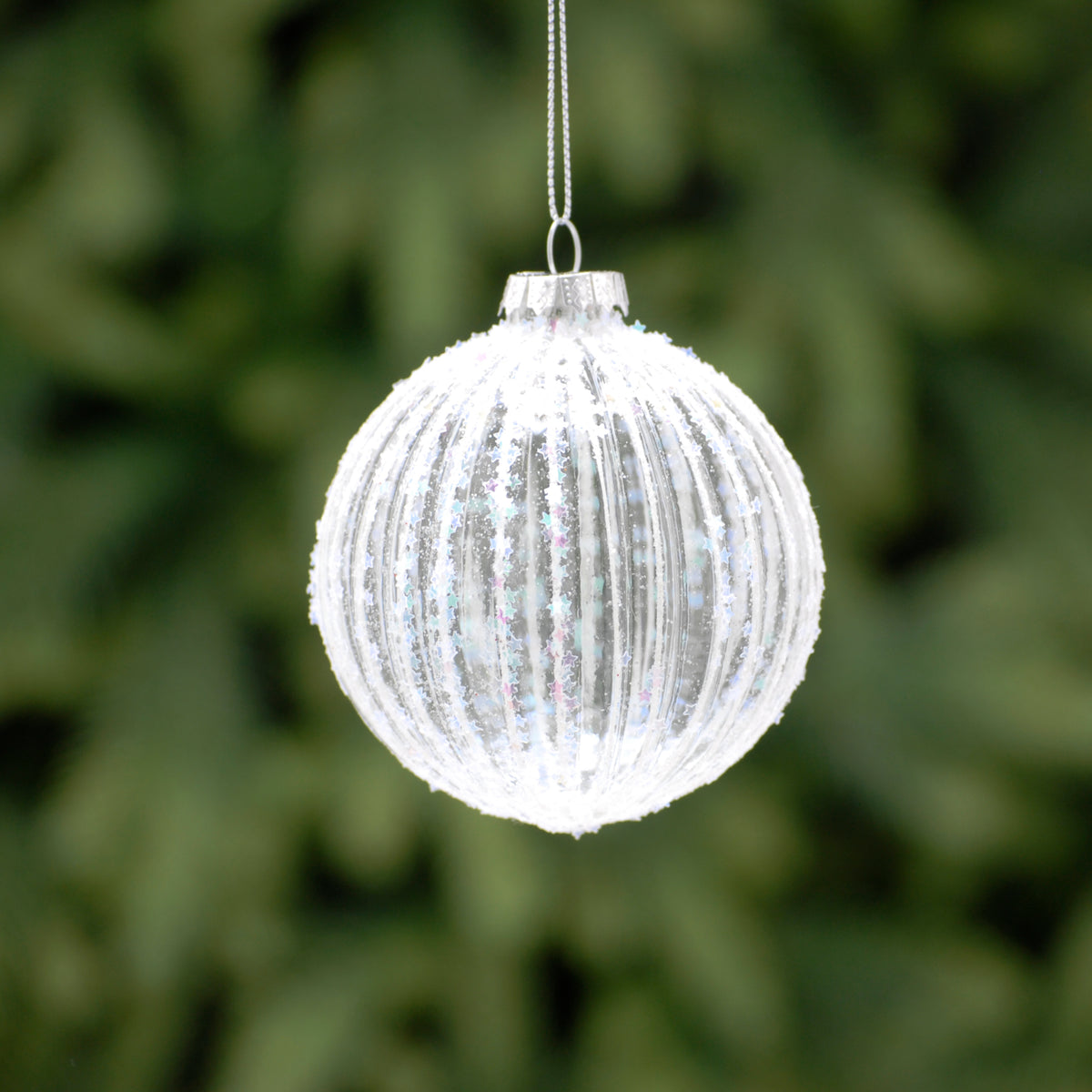 Clear Segment Glass Bauble with White Glitter - 8cm