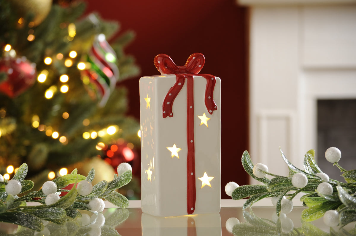 Lit Dolomite White Present with Red Bow - 16cm