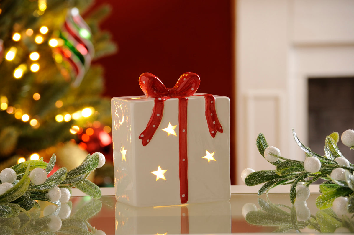 Lit Dolomite White Present with Red Bow - 12cm