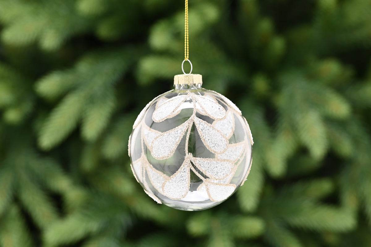 Clear Glass Bauble with Gold & White Glitter Leaf - 8cm