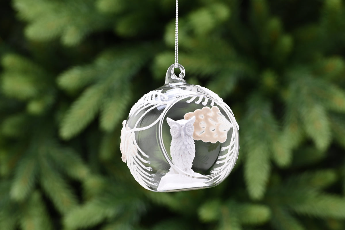 Clear Glass Open Bauble with Owl Inside - 8cm